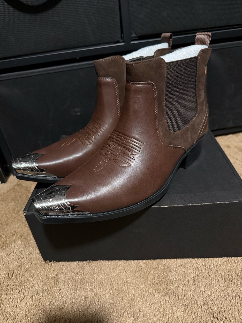 Brown Men's Leather Western Chelsea Boots with Metal Toe Caps